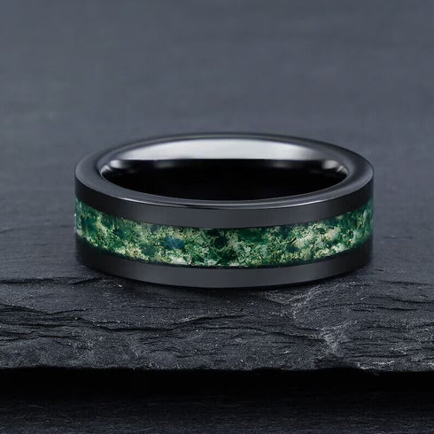 Men's 8mm Tungsten Beveled Edges Black Green Carbon Fiber Inlay Wedding Band